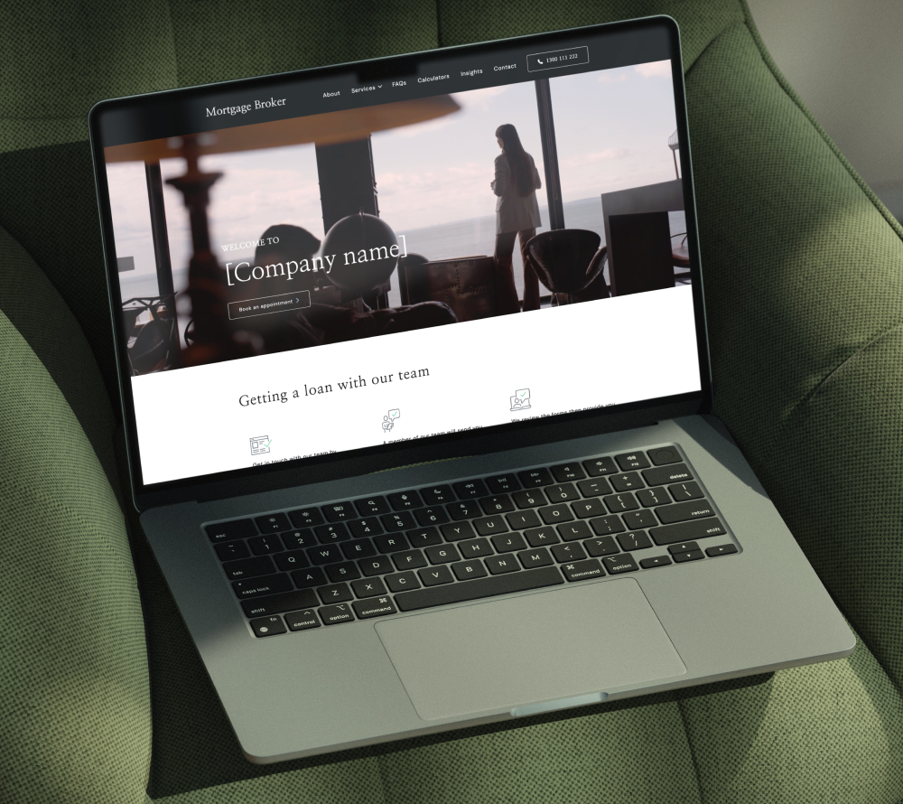 Mortgage broker website template - The Dreamweaver website template displayed on laptop.