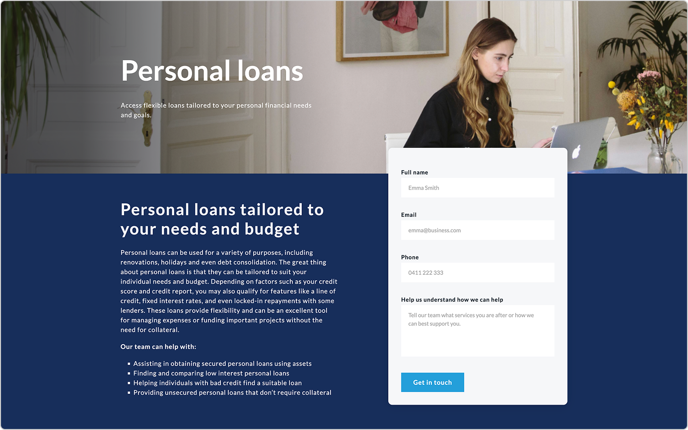 Mortgage broker website template - Corporate Edge - Personal Loans page